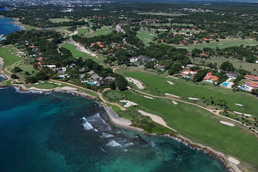 Aerial view of Teeth of the Dog seaside holes and Cacique coastline, Casa de Campo