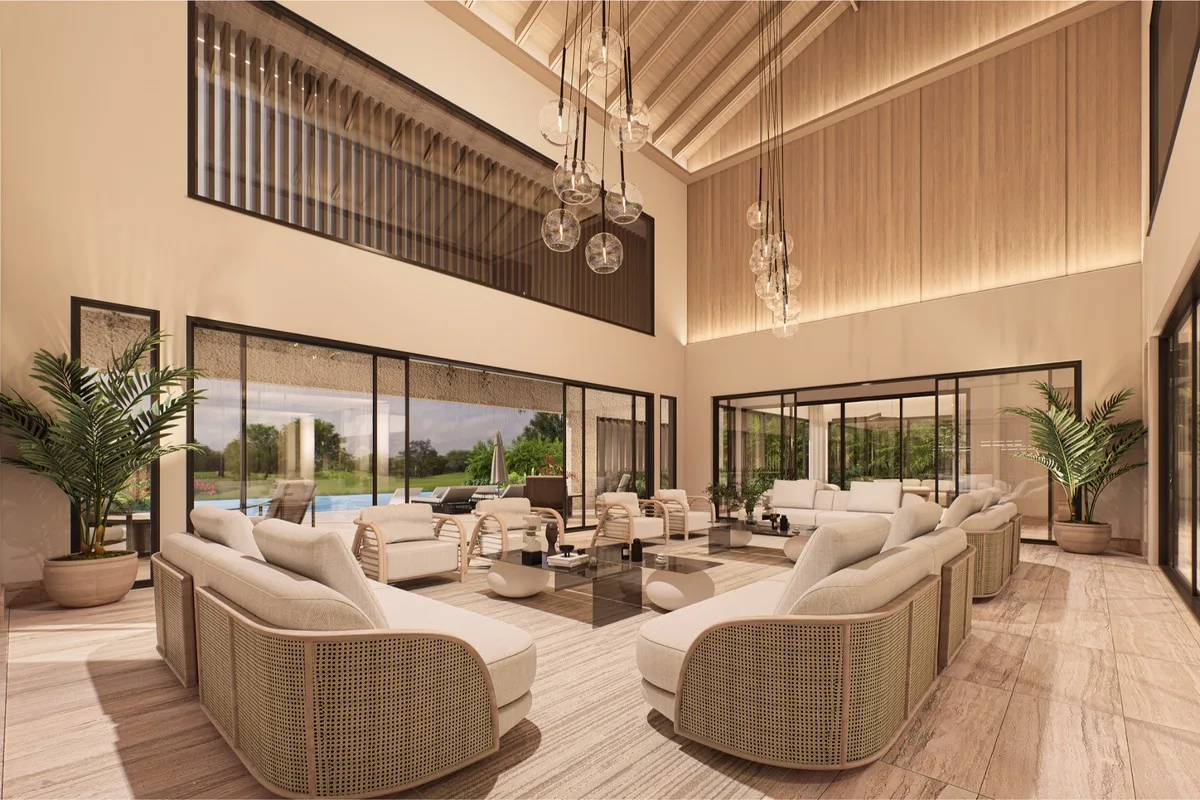 Rendering of the double-height living room, Barranca Este 74, Barranca Este, Casa de Campo®
