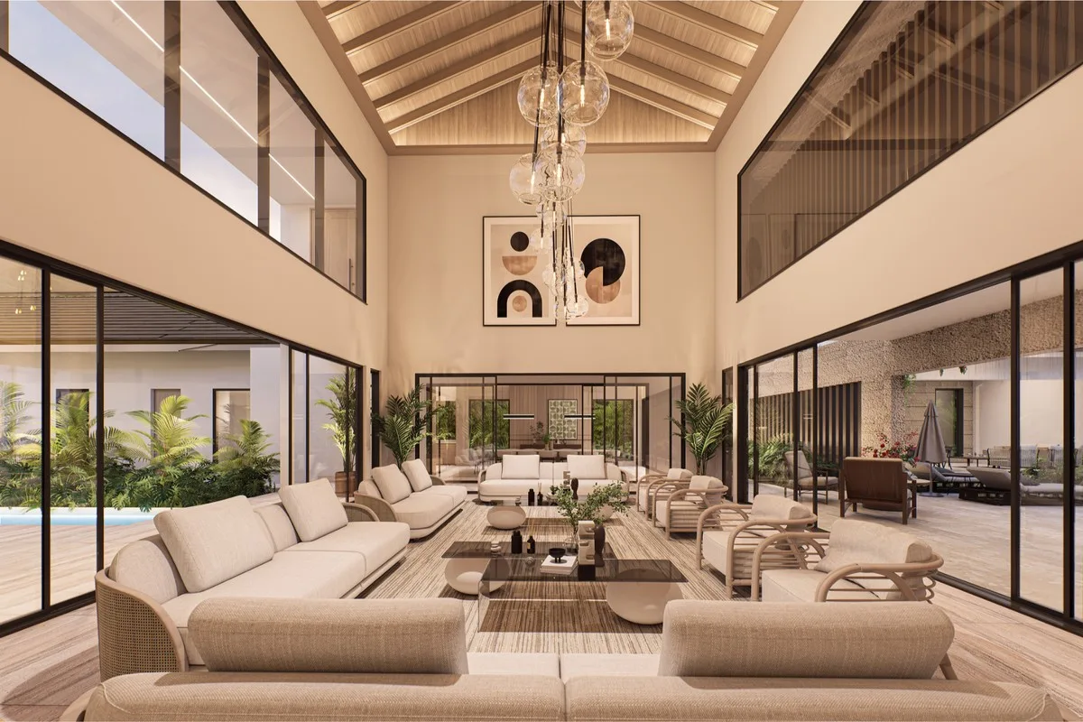 Rendering of the living room with timber ceiling, Barranca Este 74, Barranca Este, Casa de Campo®