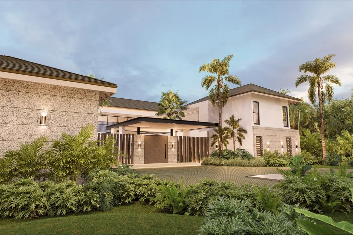 Rendering of the villa facade and landscaped garden, Barranca Este 74, Barranca Este, Casa de Campo®