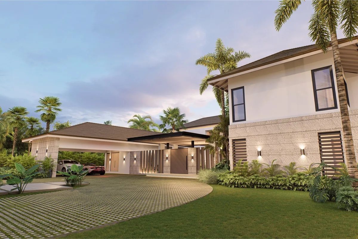 Rendering of the entrance courtyard and garden, Barranca Este 74, Barranca Este, Casa de Campo®