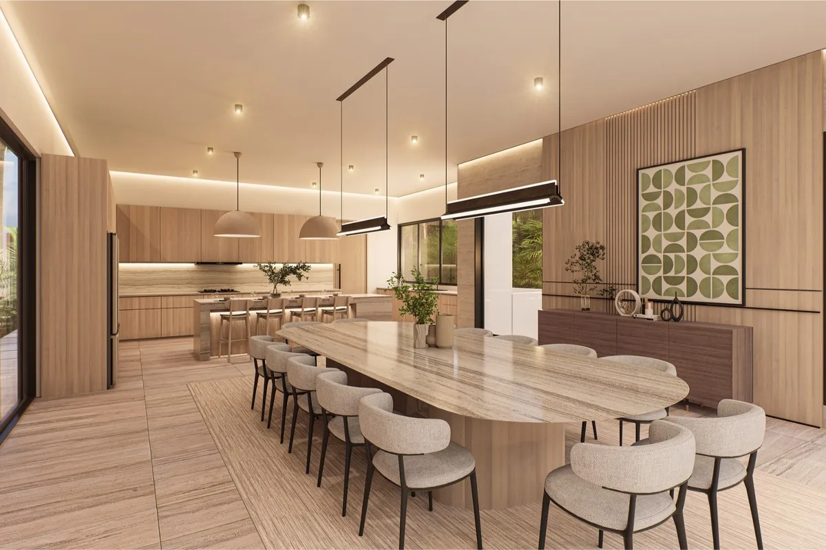 Rendering of the dining room and kitchen beyond, Barranca Este 74, Barranca Este, Casa de Campo®