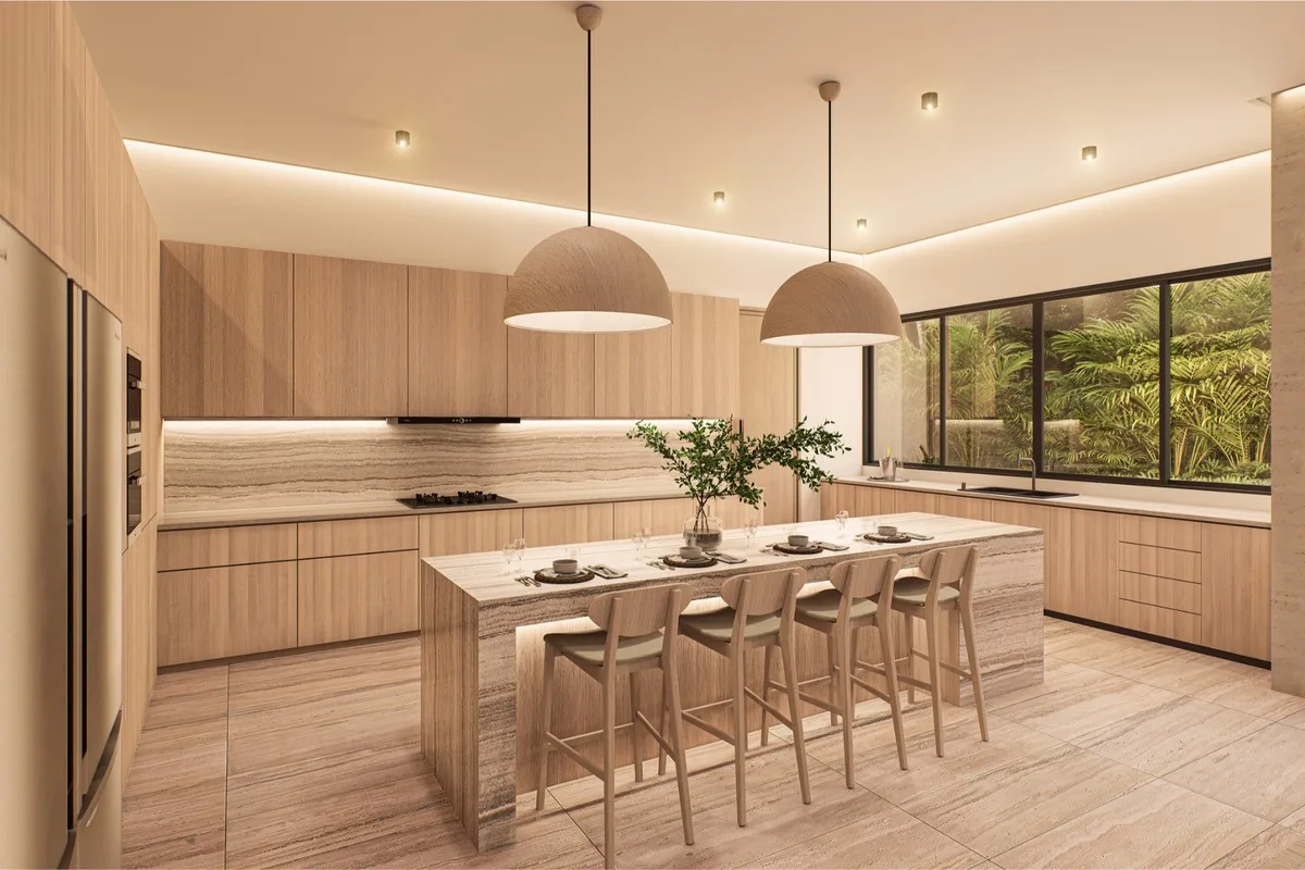Rendering of the kitchen with island seating, Barranca Este 74, Barranca Este, Casa de Campo®