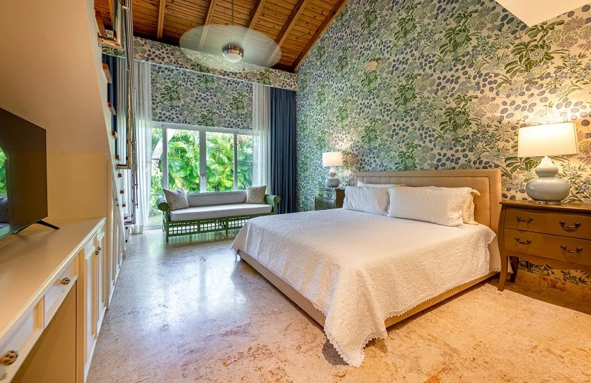 Bedroom with patterned feature wall and garden window, Las Cañas I 37, Las Cañas, Casa de Campo®