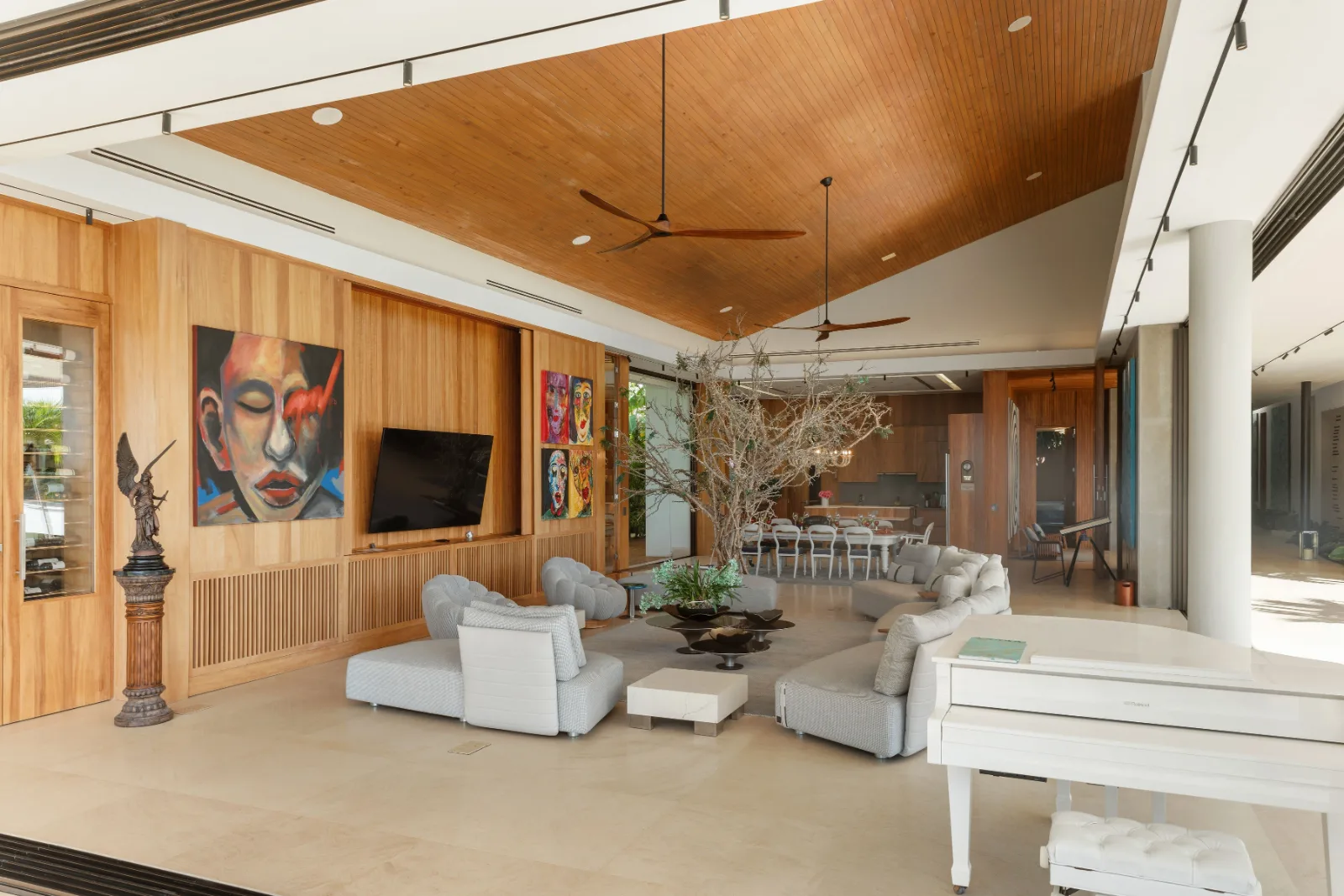 Living room with timber ceiling and grand piano, Villa Farallón, Punta Aguila, Casa de Campo®