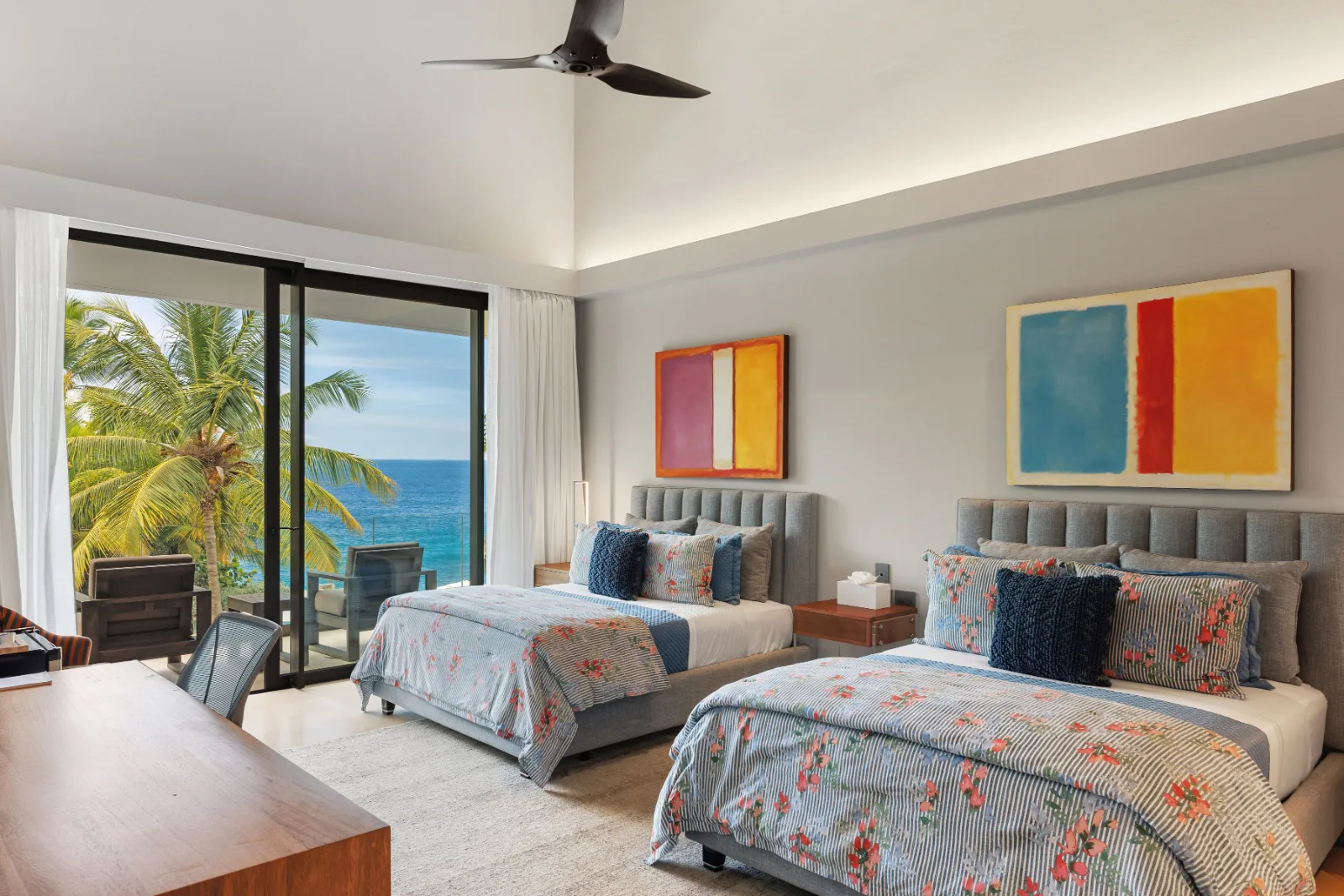 Twin bedroom with colourful artwork and sea view, Villa Farallón, Punta Aguila, Casa de Campo®