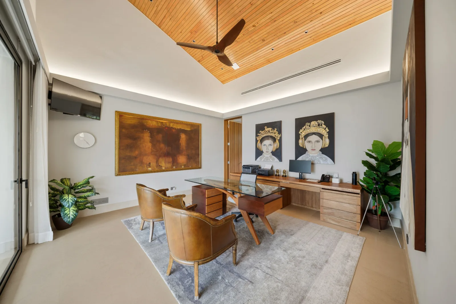 Study with timber ceiling and artwork, Villa Farallón, Punta Aguila, Casa de Campo®
