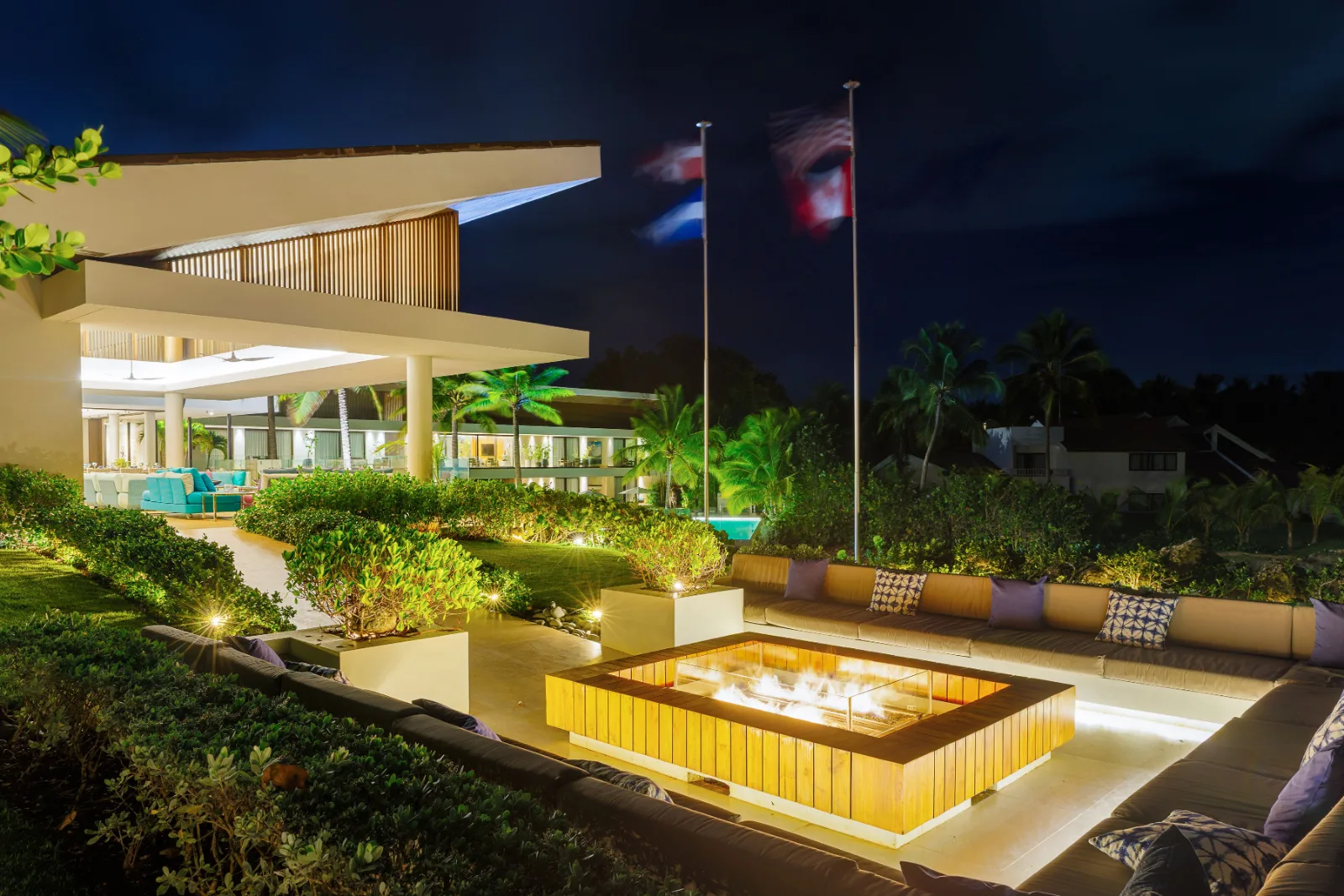 Fire pit terrace lit at night, Villa Farallón, Punta Aguila, Casa de Campo®